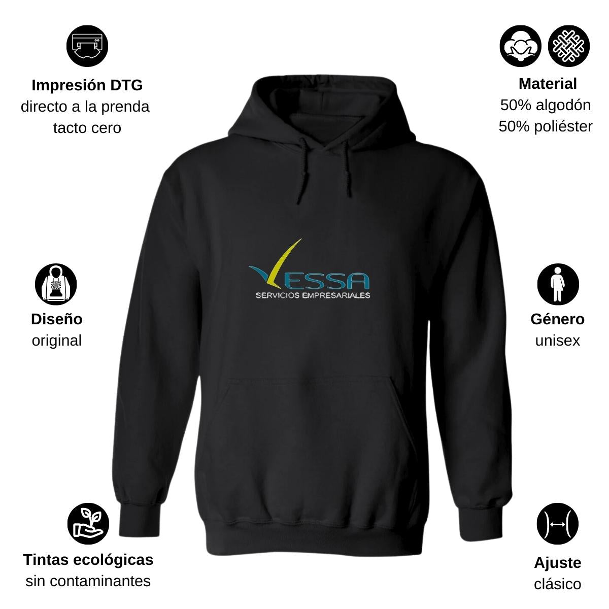 Sudadera c/Capucha Unisex Negro Personalizable Logo
