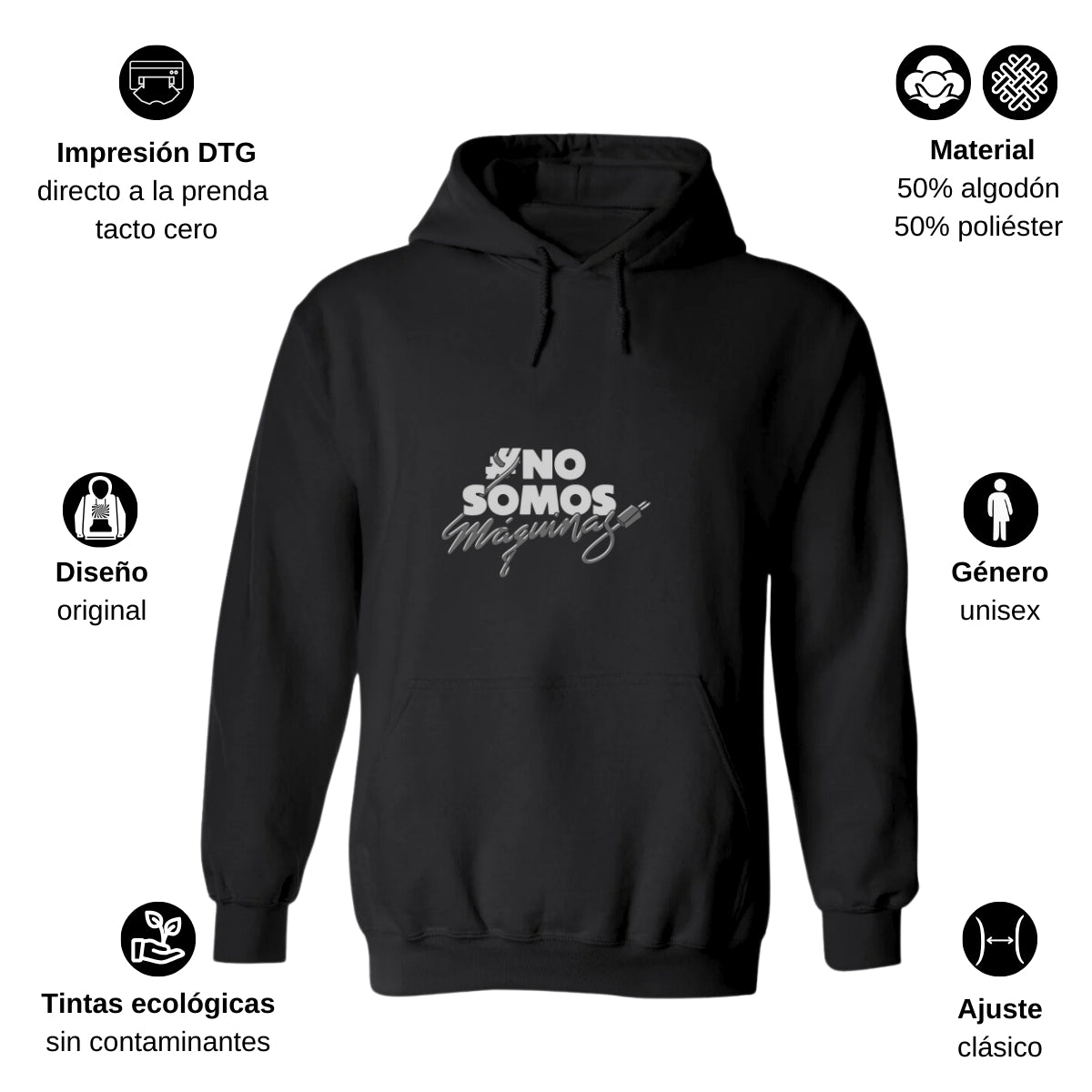Sudadera c/Capucha Unisex Negro Personalizable Logo #NoSomosMaquinas