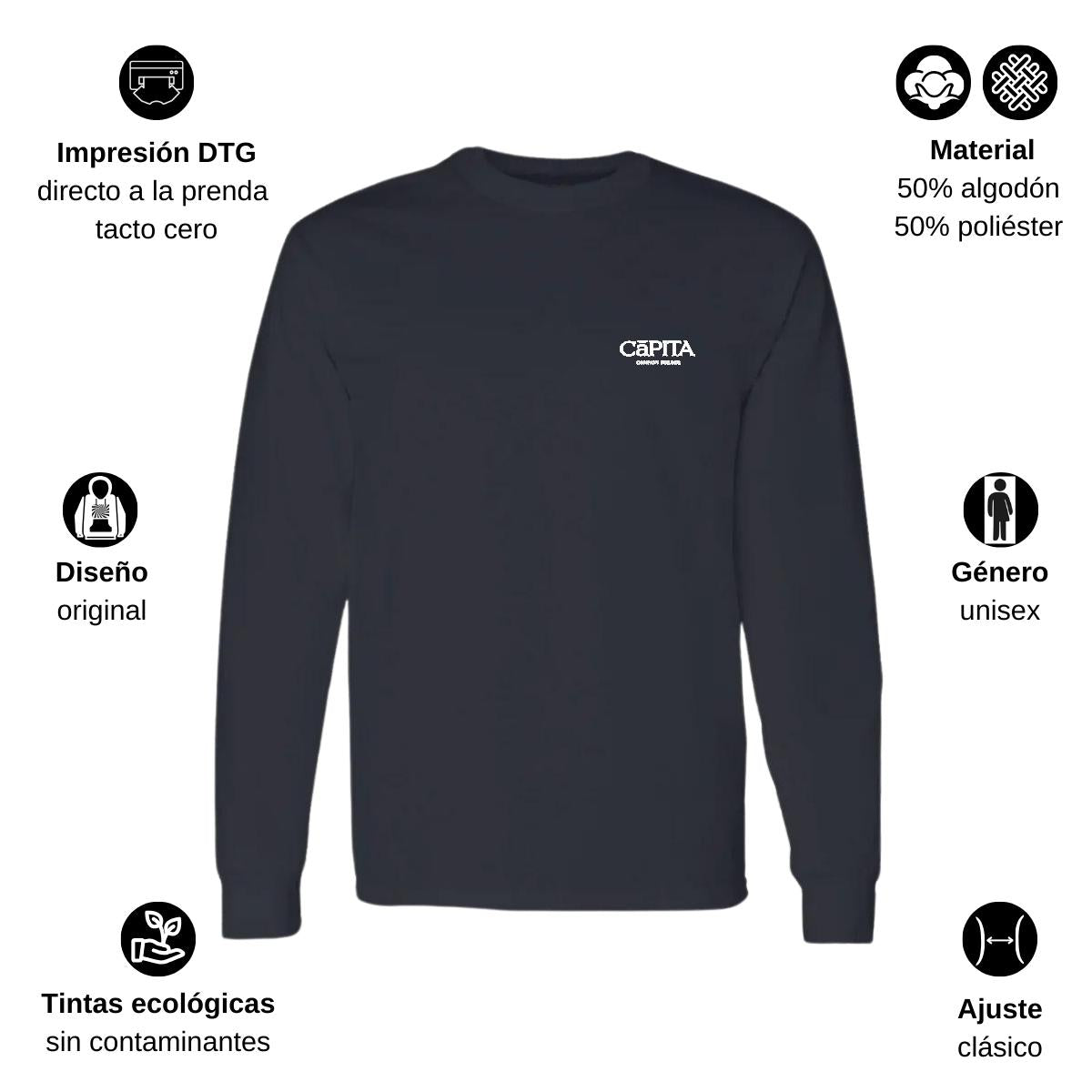Playera Manga Larga Algodón Negro Escudo