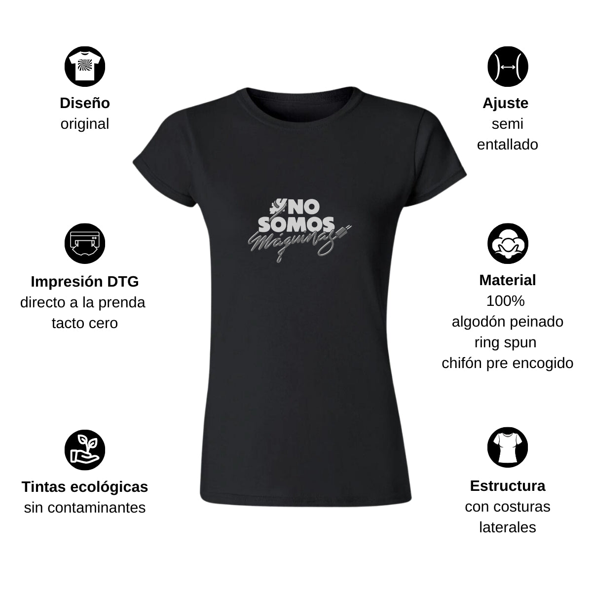 Playera Manga Corta Mujer Negro Personalizable Logo #NoSomosMaquinas