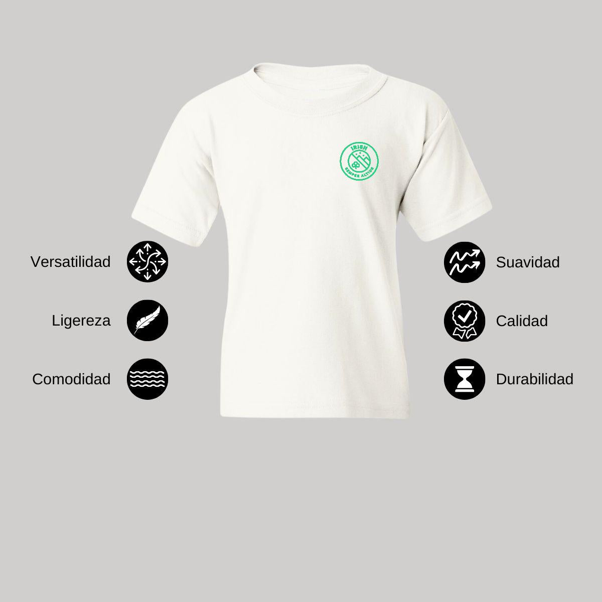Playera Blanca Cuello Redondo Manga Corta Para Niño y Niña Escudo