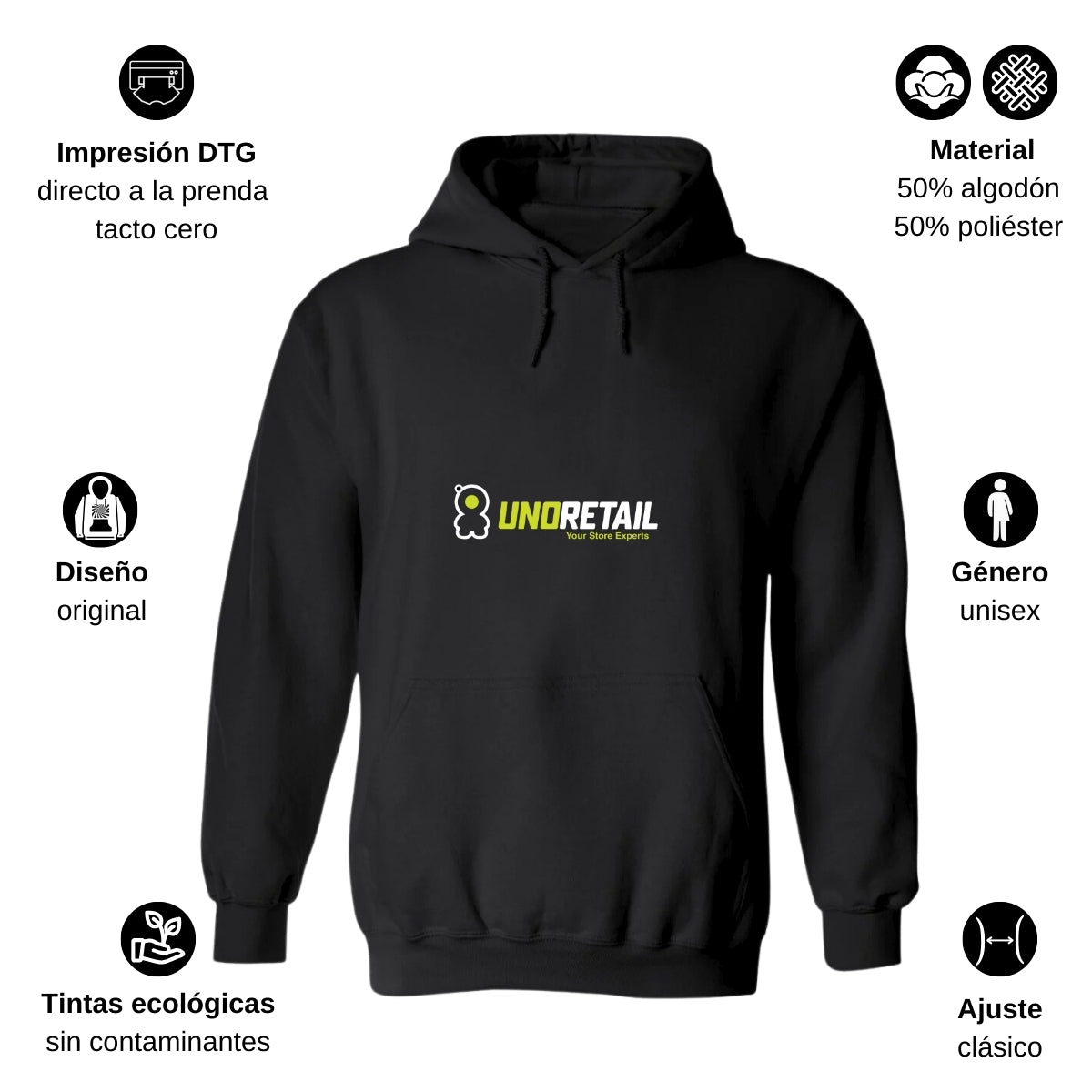 Sudadera c/Capucha Unisex Negro Personalizable Logo