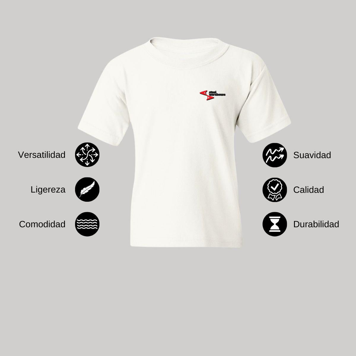 Playera Blanca Cuello Redondo Manga Corta Para Niño y Niña Escudo