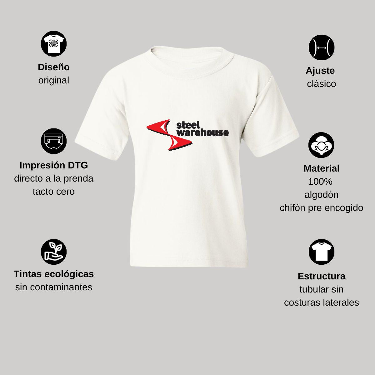 Playera Blanca Cuello Redondo Manga Corta Para Niño y Niña Logo