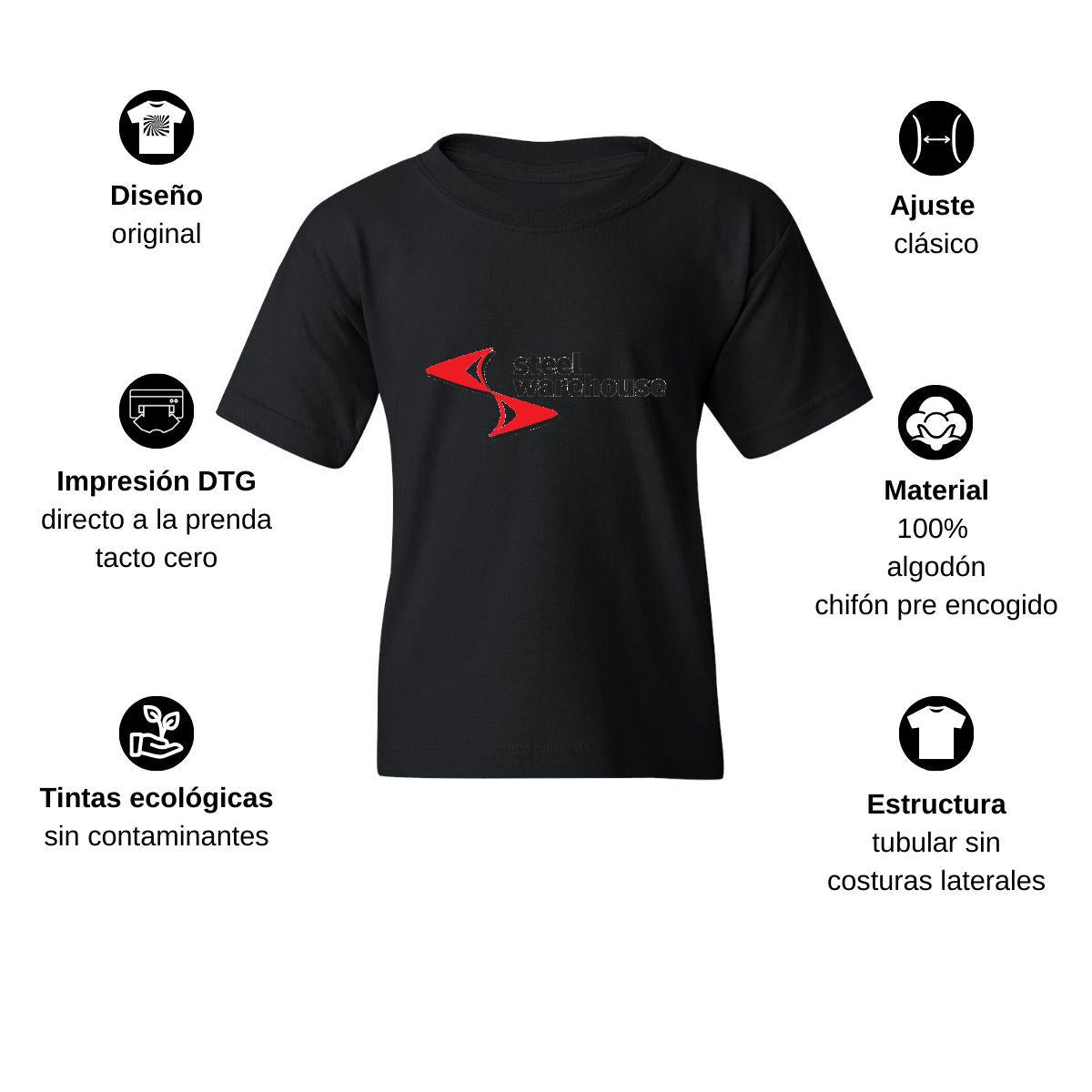 Playera Negra Cuello Redondo Manga Corta Para Niño y Niña Logo