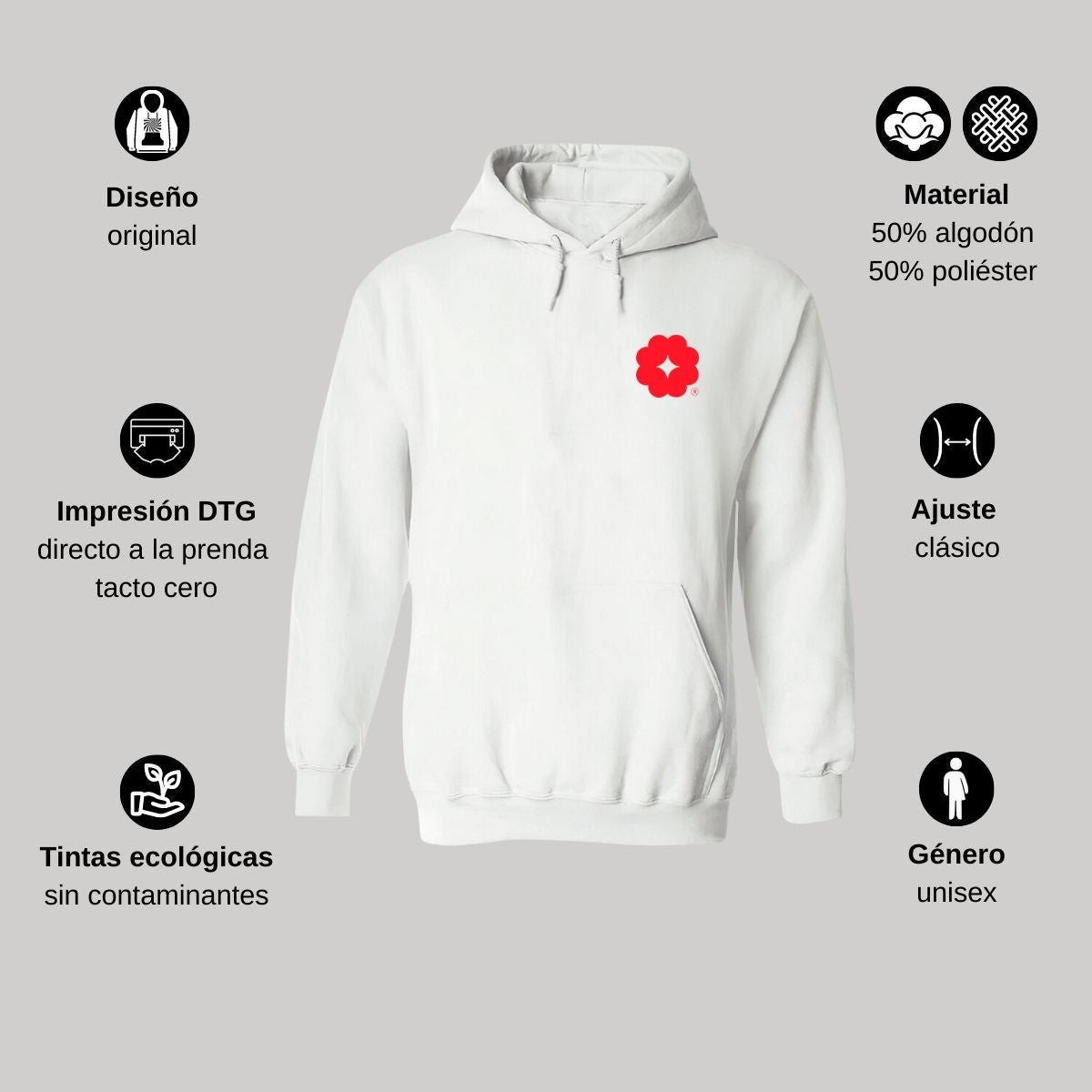 Sudadera c/Capucha Unisex Blanco Logo Nombre Personalizable
